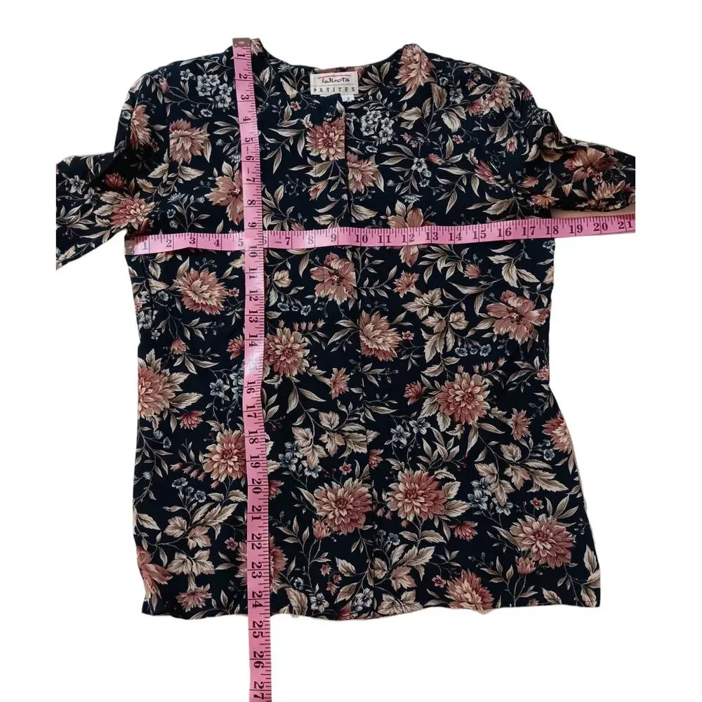 TALBOTS VINTAGE‎ 90s Floral Blouse Top SM Boho Cottage Green Pink Flowers Petals